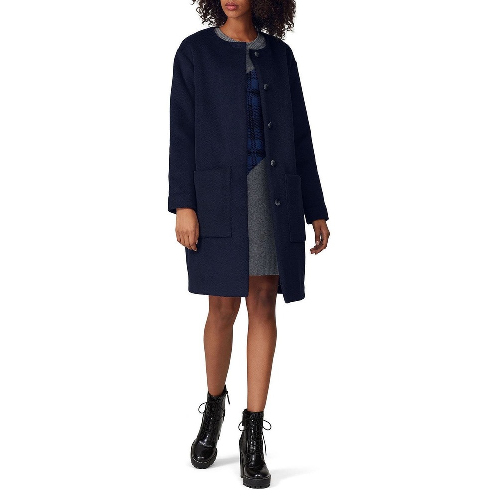Thakoon Collective Navy Blue Wool Blend Front Collarless Coat Jacket Womens 12